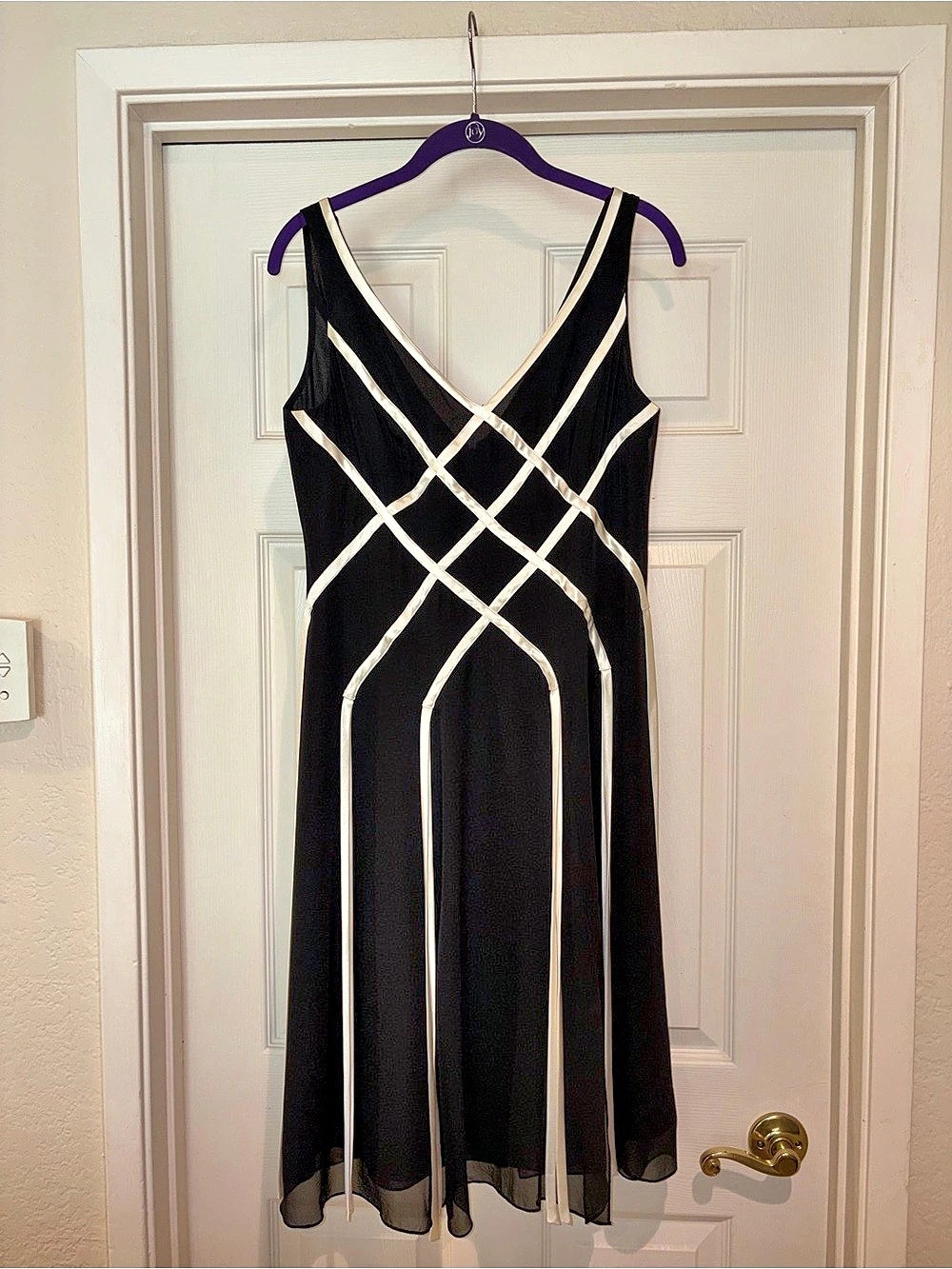 Papell Boutique Black & White Geometric Midi Dress Size 10P Like New